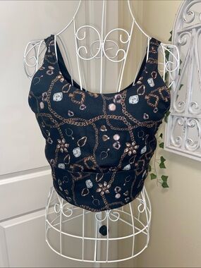 Black Chain & Jewel Print Cropped Tank Top